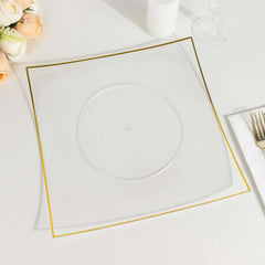 10-Pack Plastic 10" Square Dinner Plates in Clear Concave Style with Gold Rim - Modern Disposable Party Plates
