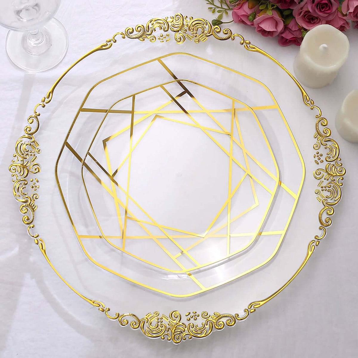 10-Pack Plastic 10" Octagon Dinner Plates in Clear - Modern Disposable Party Plates with Gold Geometric Design for Special Occasions & Celebrations
