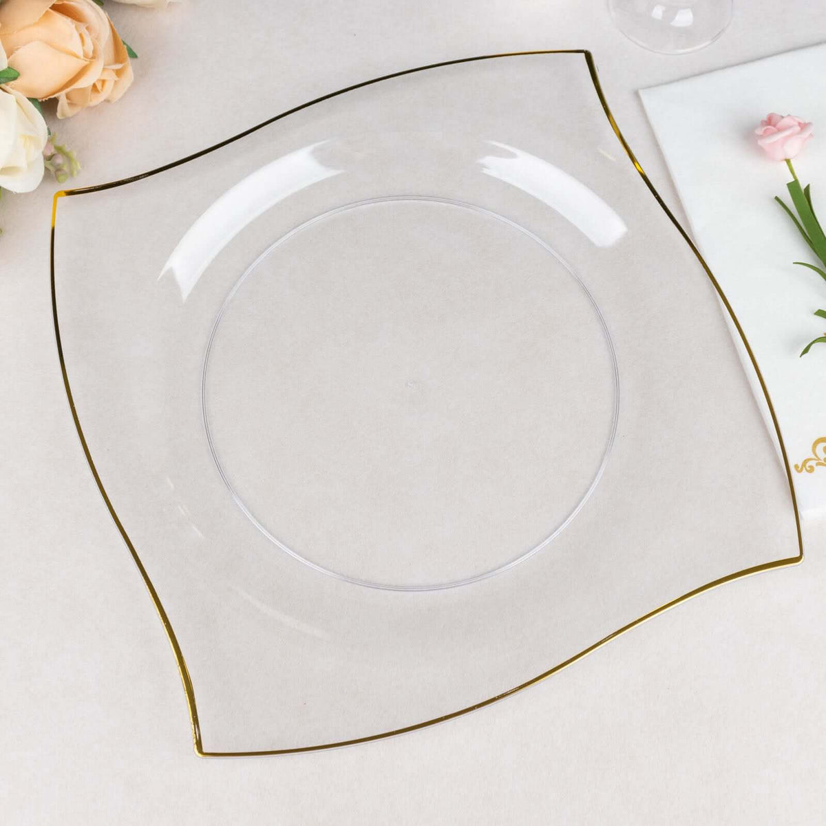 10-Pack Plastic 10" Square Dinner Plates in Clear with Gold Wavy Rim Modern - Disposable Party Plates