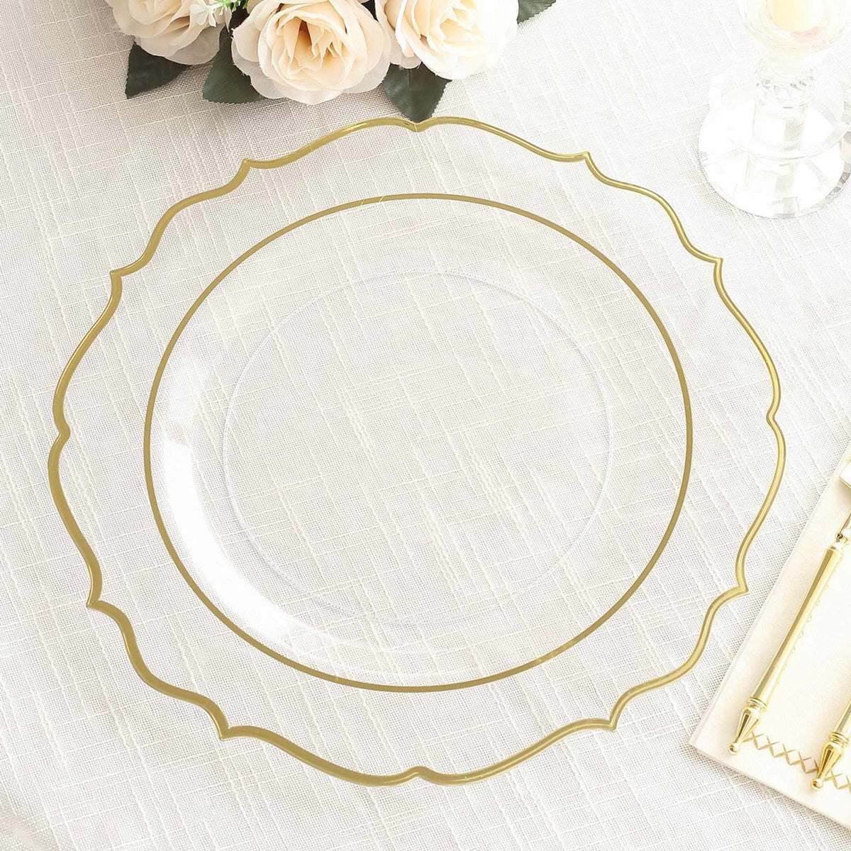 10-Pack Plastic 10" Round Dinner Plates in Clear with Gold Scalloped Rim - Disposable Party Plates