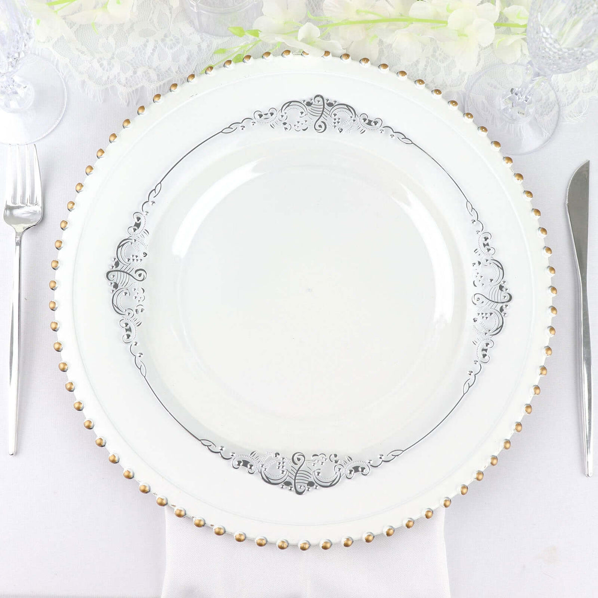 10-Pack Plastic 10" Round Dinner Plates in Clear with Silver Leaf Embossed Rim - Disposable Vintage Baroque Style Plates