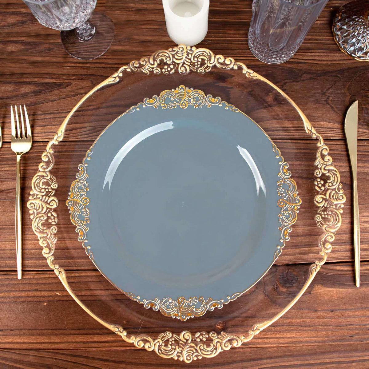 10-Pack Plastic 10" Round Dinner Plates in Dusty Blue with Gold Leaf Embossed Rim - Disposable Vintage Baroque Style Plates