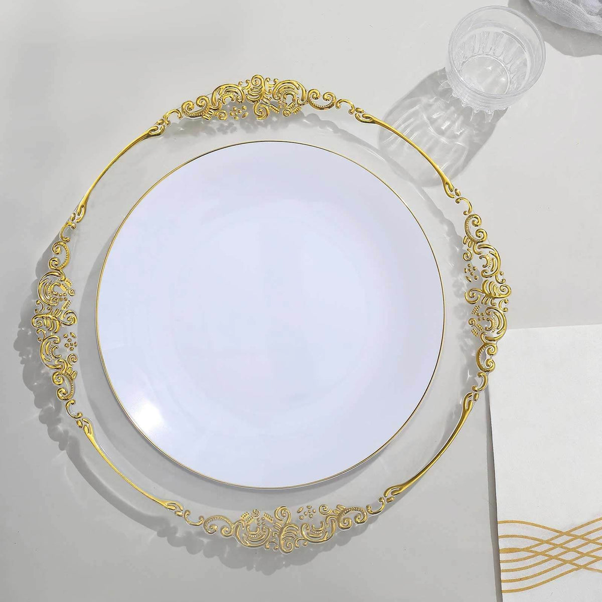 10-Pack Plastic 10" Round Dinner Plates in White with Gold Rim - Glossy Disposable Party Plates for Banquets & Special Occasions