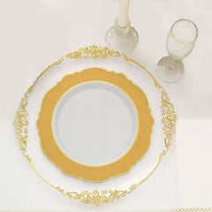 10-Pack Plastic 10" Round Dinner Plates in White with Gold Blossom Design & Gold Edging - Disposable Party Plates for Modern & Classy Table Decor