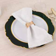10-Pack Plastic 10" Round Dinner Plates in White with Hunter Emerald Green Blossom Design & Gold Edging - Disposable Party Plates