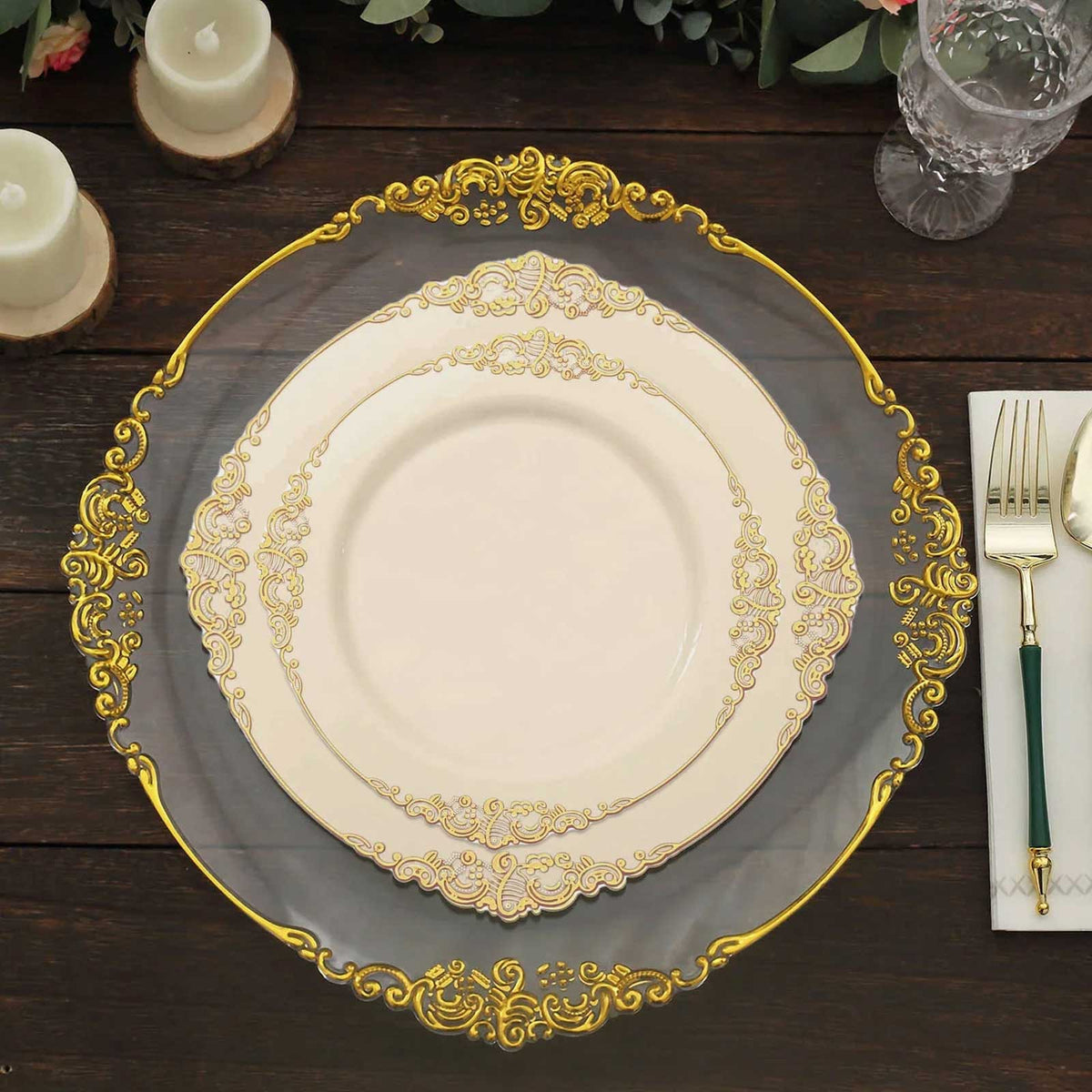 10-Pack Plastic 10" Round Dinner Plates in Ivory with Gold Leaf Embossed Rim - Disposable Vintage Baroque Style Plates