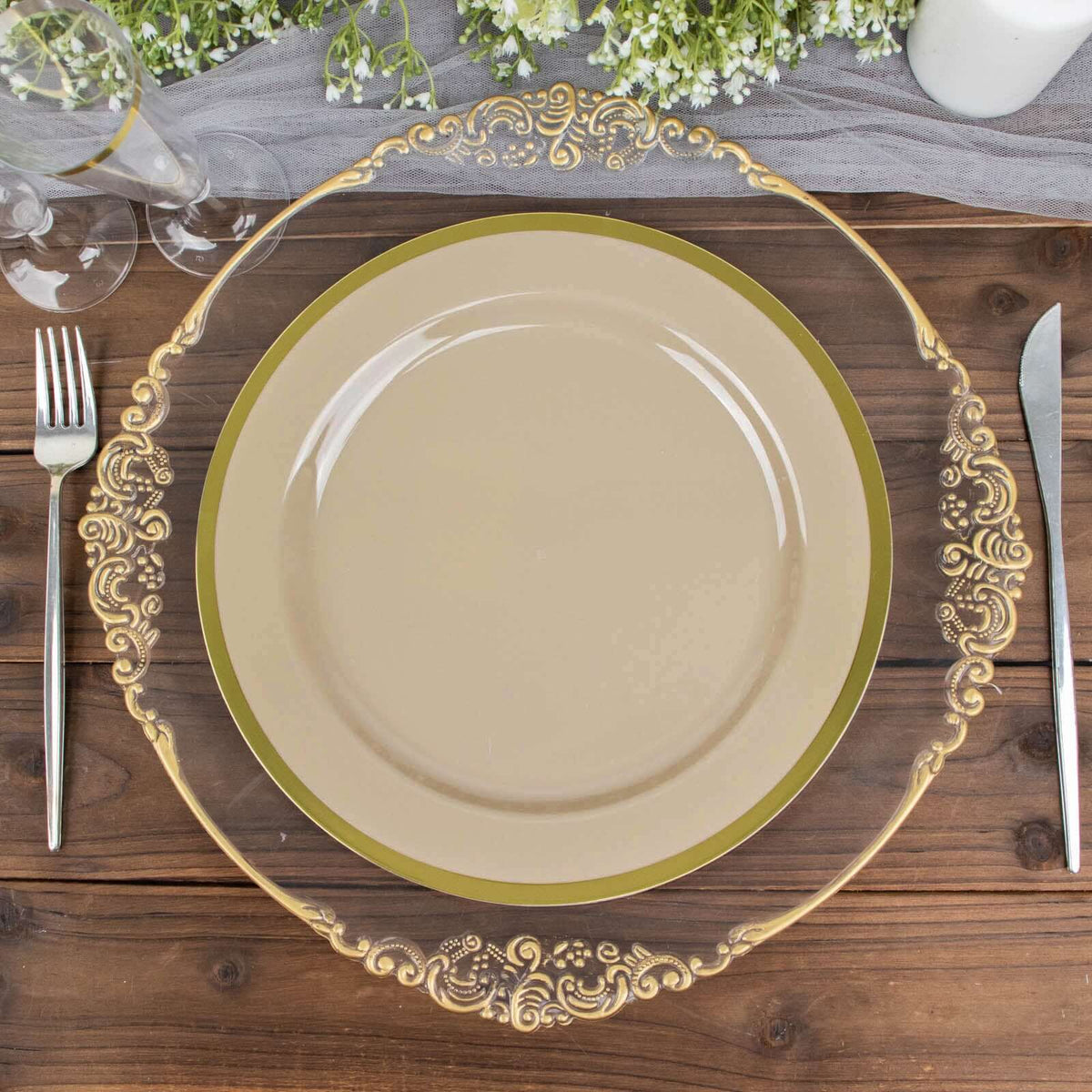 10-Pack Plastic 10" Round Dinner Plates in Taupe with Gold Rim - Disposable Party Plates for Classy Banquets & Special Occasions