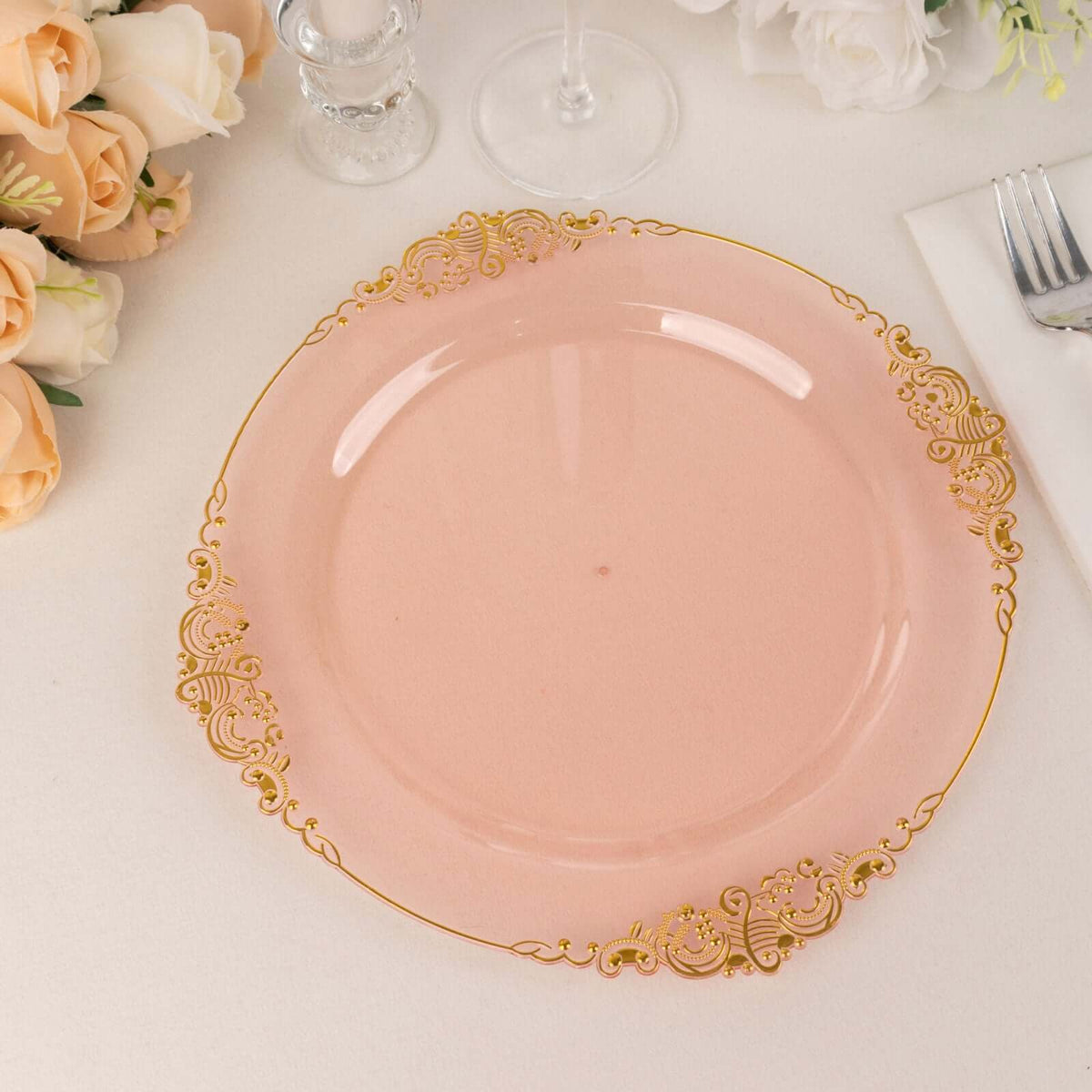 10-Pack Plastic 10" Round Dinner Plates in Transparent Blush with Gold Leaf Embossed Rim - Disposable Vintage Baroque Style Plates