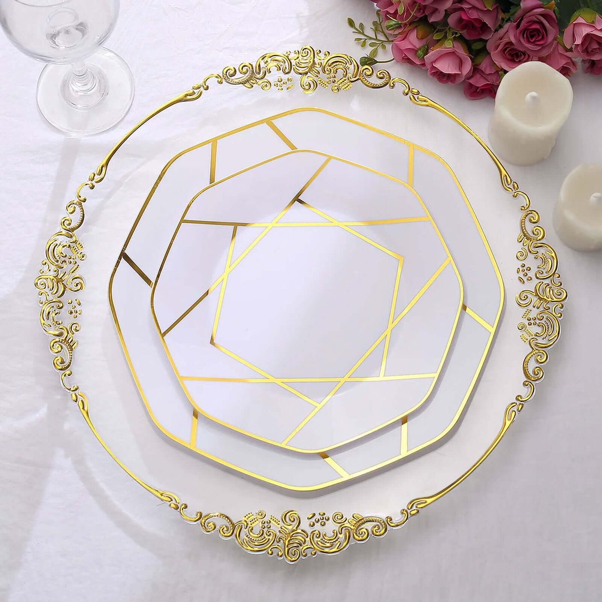 10-Pack Plastic 10" Octagon Dinner Plates in White - Modern Disposable Party Plates with Gold Geometric Design for Special Occasions & Celebrations
