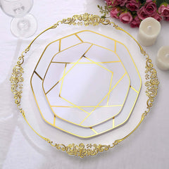 10-Pack Plastic 10" Octagon Dinner Plates in White - Modern Disposable Party Plates with Gold Geometric Design for Special Occasions & Celebrations