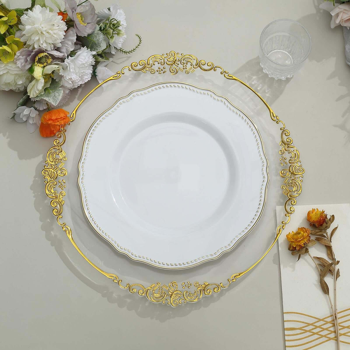10-Pack Plastic 10" Dinner Plates in White with Gold Scalloped Rim - Disposable Large Party Plates for Upscale Events & Banquets