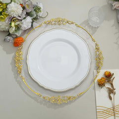 10-Pack Plastic 10" Dinner Plates in White with Gold Scalloped Rim - Disposable Large Party Plates for Upscale Events & Banquets