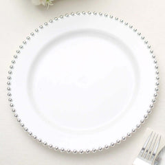 10-Pack Plastic 10" Round Dinner Plates in White with Silver Beaded Rim - Disposable Party Plates for Banquets & Festive Occasions