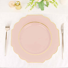 10-Pack Plastic Dinner Plates in Blush Baroque Design with Scalloped Gold Rim - Heavy Duty Disposable Party Plates 11"