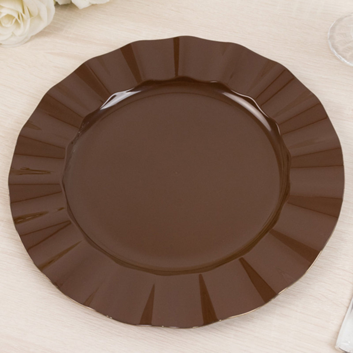 10-Pack Plastic 11" Round Dinner Plates in Cinnamon Brown Ruffled Rim with Gold Edging - Sturdy Disposable Dinnerware