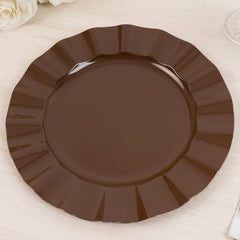 10-Pack Plastic 11" Round Dinner Plates in Cinnamon Brown Ruffled Rim with Gold Edging - Sturdy Disposable Dinnerware