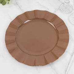 10-Pack Plastic 11" Round Dinner Plates in Coffee Brown Ruffled Rim with Gold Edging - Sturdy Disposable Dinnerware