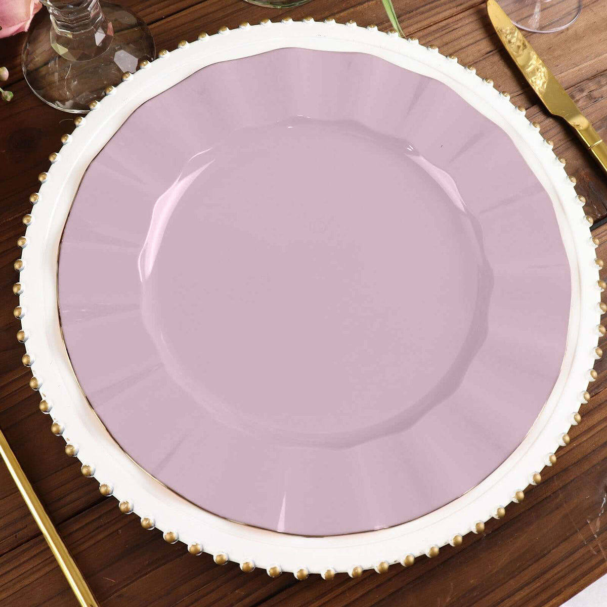 10-Pack Plastic 11" Round Dinner Plates in Lavender Lilac Ruffled Rim with Gold Edging - Sturdy Disposable Dinnerware