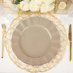 10-Pack Plastic 11" Round Dinner Plates in Taupe Ruffled Rim with Gold Edging - Sturdy Disposable Dinnerware
