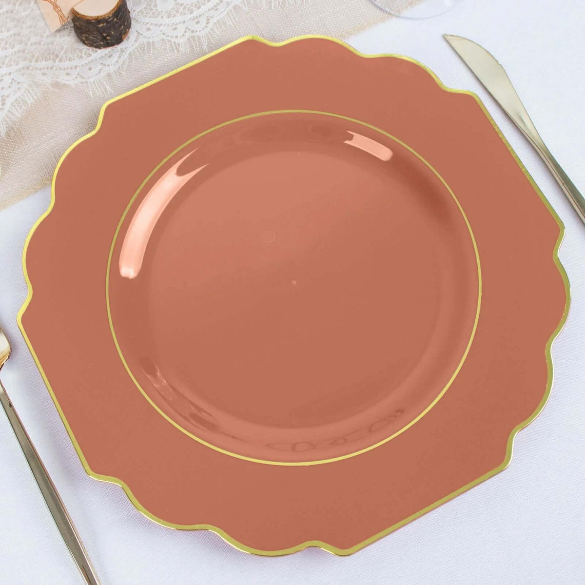 10-Pack Plastic Dinner Plates in Terracotta (Rust) Baroque Design with Scalloped Gold Rim - Heavy Duty Disposable Party Plates 11"