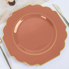 10-Pack Plastic Dinner Plates in Terracotta (Rust) Baroque Design with Scalloped Gold Rim - Heavy Duty Disposable Party Plates 11"