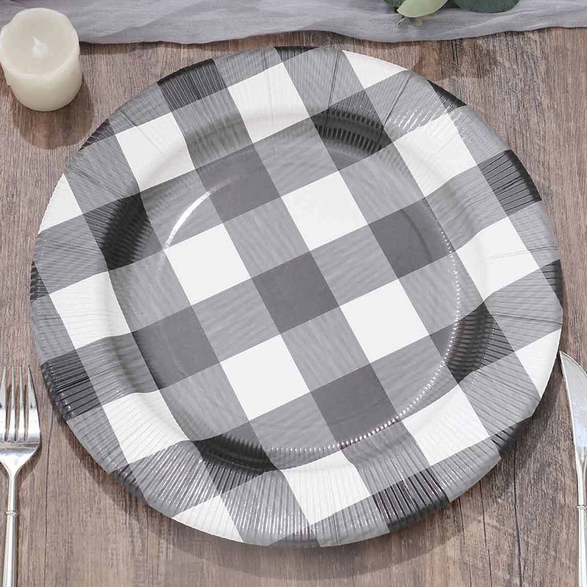 10-Pack Disposable Paper Charger Plates – Black/White Buffalo Plaid 13" Round Table Chargers, 350 GSM Cardstock