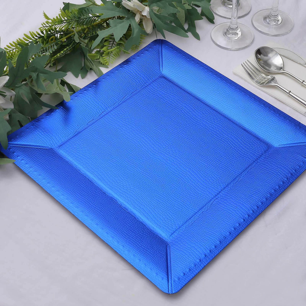 10-Pack Disposable Square Charger Plates in Royal Blue with Leather Like Texture - 1100GSM Durable Paper Chargers 13"