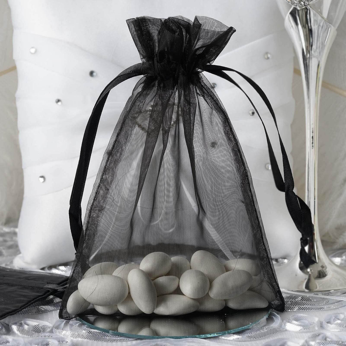 10 Pack 5"x7" Black Organza Drawstring Wedding Party Favor Gift Bags