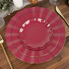 10-Pack Plastic Round 6" Dessert Plates in Burgundy Ruffled Rim with Gold Edging - Sturdy Disposable Salad Appetizer Dinnerware