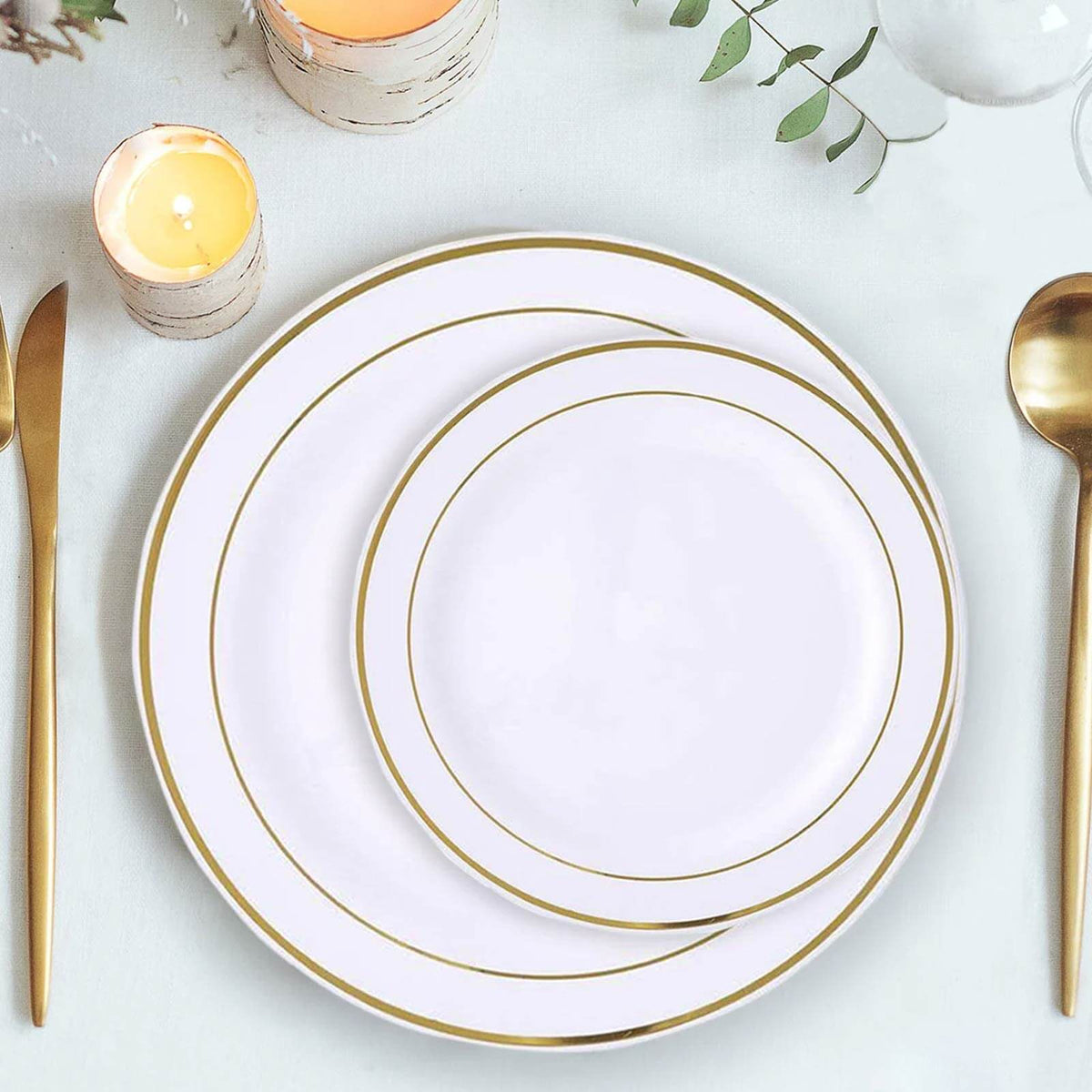 10-Pack Plastic Dessert Plates White with Très Chic Gold Rim - Disposable Plates for Appetizers 6"