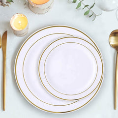 10-Pack Plastic Dessert Plates White with Très Chic Gold Rim - Disposable Plates for Appetizers 6"