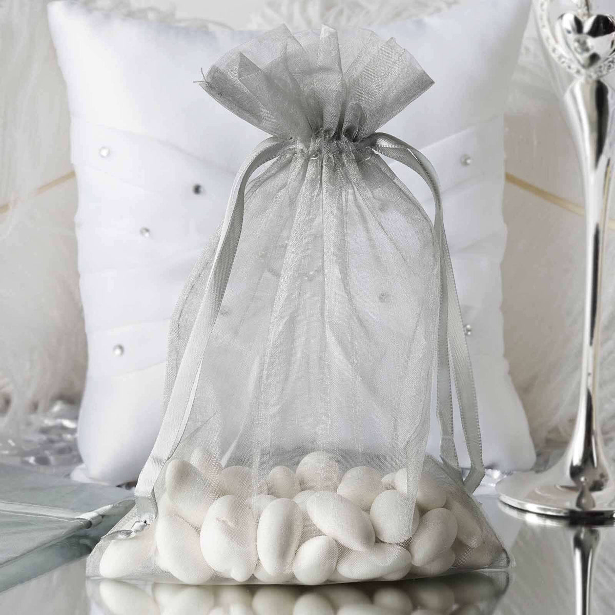 10 Pack 6"x9" Silver Organza Drawstring Wedding Party Favor Gift Bag