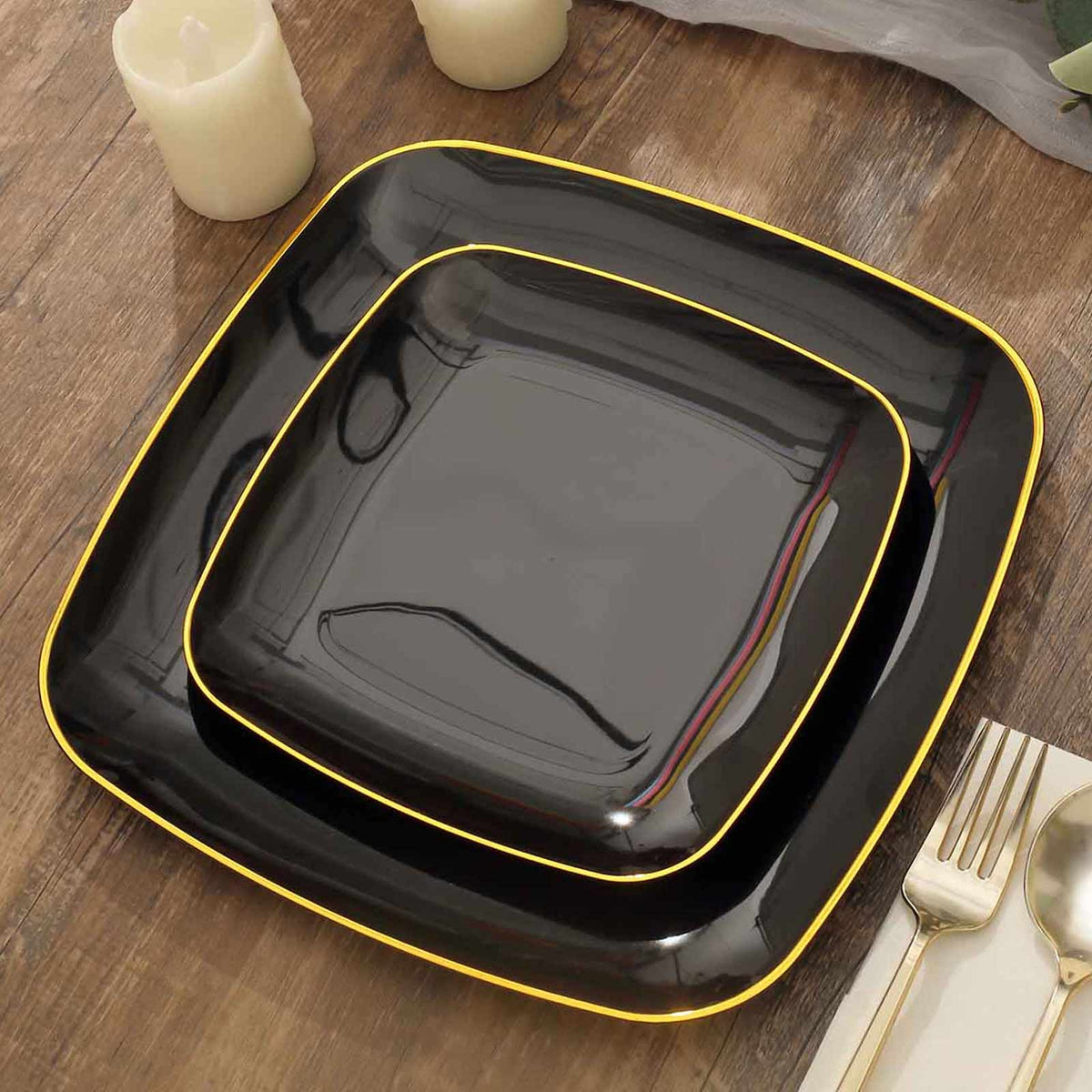 10-Pack Plastic 7" Square Dessert Plates in Black with Gold Rim - Classy Disposable Appetizer Salad Plates
