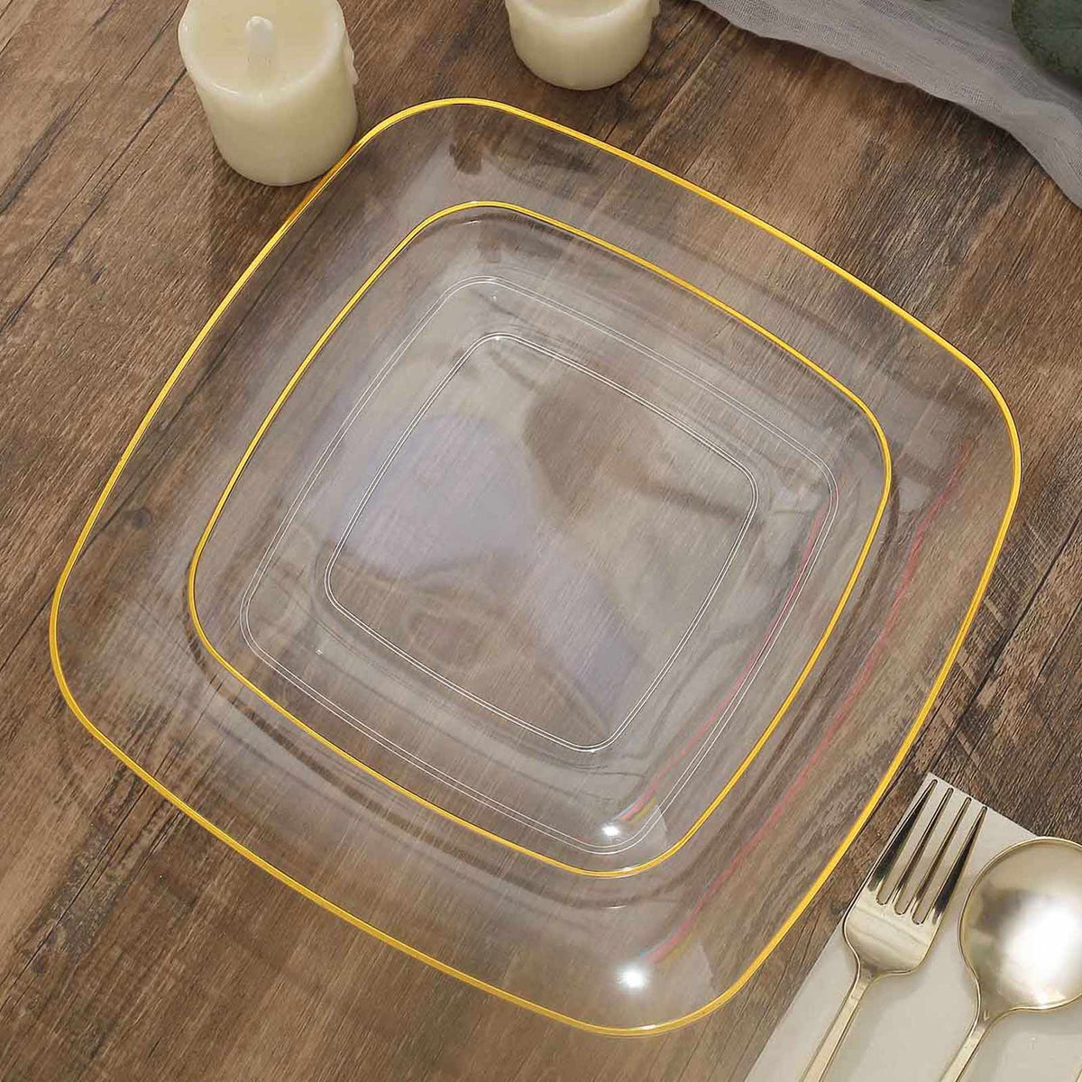 10-Pack Plastic 7" Square Dessert Plates in Clear with Gold Rim - Classy Disposable Appetizer Salad Plates