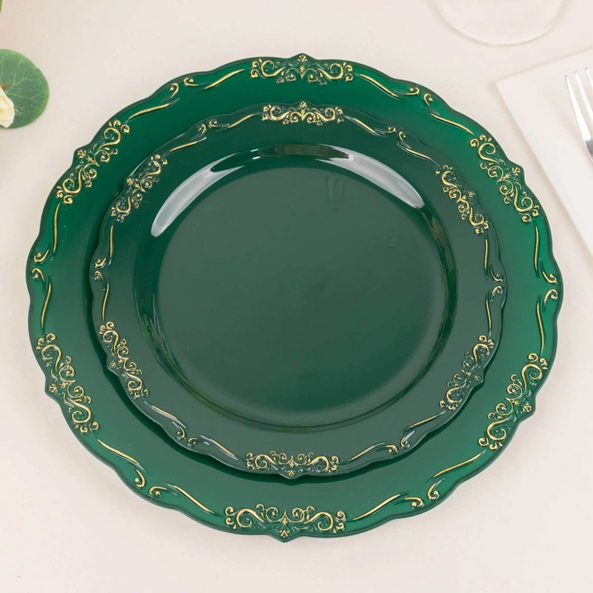 10-Pack Plastic 7" Round Dessert Plates in Hunter Emerald Green with Gold Vintage Embossed Rim - Sturdy Disposable Scalloped Edge Salad Plates