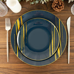 10-Pack Plastic 7" Round Dessert Plates in Navy Blue with Gold Brush Stroked Print - Disposable Appetizer Salad Plates