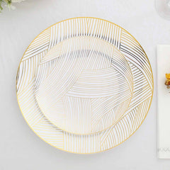 10-Pack Plastic 7" Round Dessert Plates in White with Gold Wave Brush Strokes Pattern - Disposable Appetizer Salad Plates for Modern & Classy Table Decor