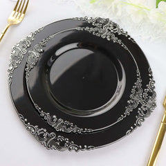 10-Pack Plastic 8" Round Dessert Plates in Black with Silver Leaf Embossed Rim - Disposable Vintage Baroque Style Salad Plates