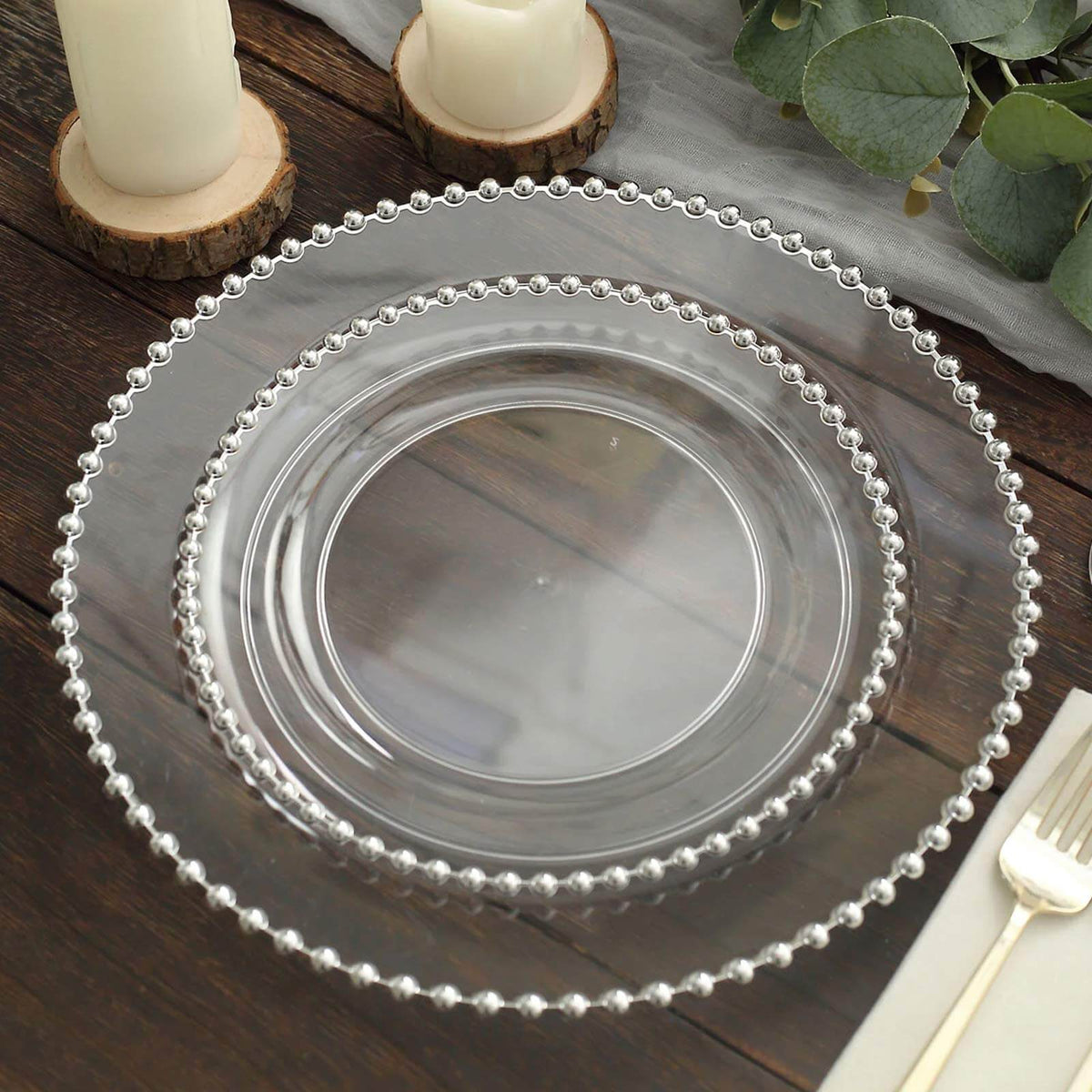 10-Pack Clear Plastic Dessert Plates – 8" Round with Silver Beaded Rim, Disposable for Parties & Events