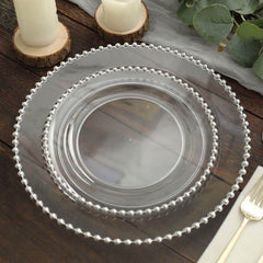 10-Pack Clear Plastic Dessert Plates – 8" Round with Silver Beaded Rim, Disposable for Parties & Events