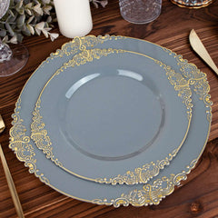 10-Pack Plastic 8" Round Dessert Plates in Dusty Blue with Gold Leaf Embossed Rim - Disposable Vintage Baroque Style Salad Plates