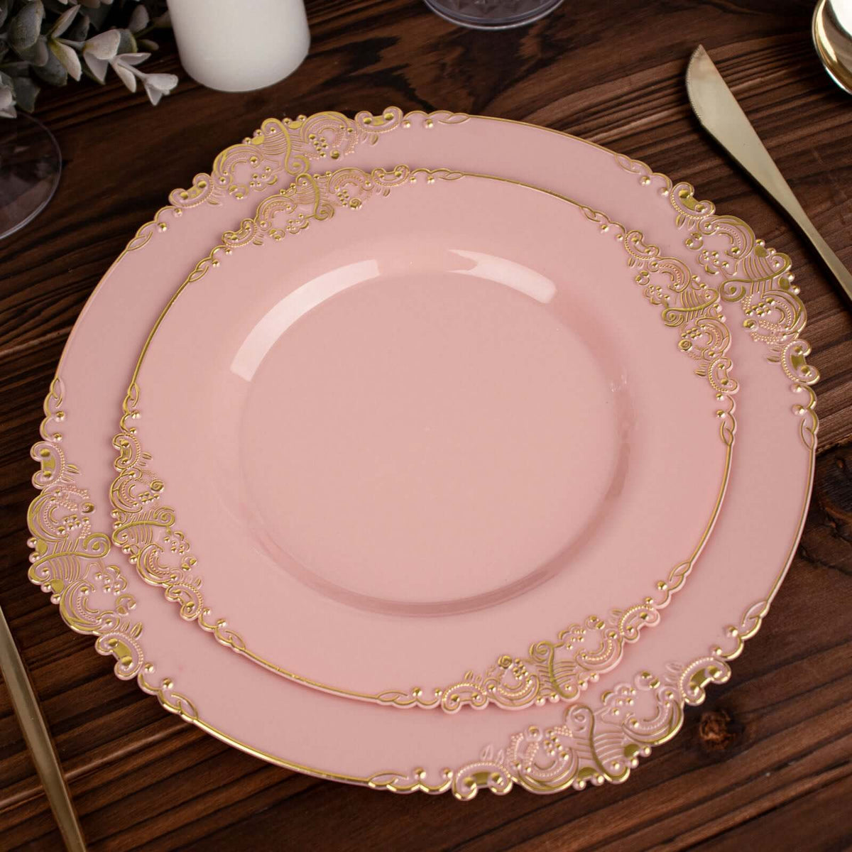 10-Pack Plastic 8" Round Dessert Plates in Dusty Rose with Gold Leaf Embossed Rim - Disposable Vintage Baroque Style Salad Plates