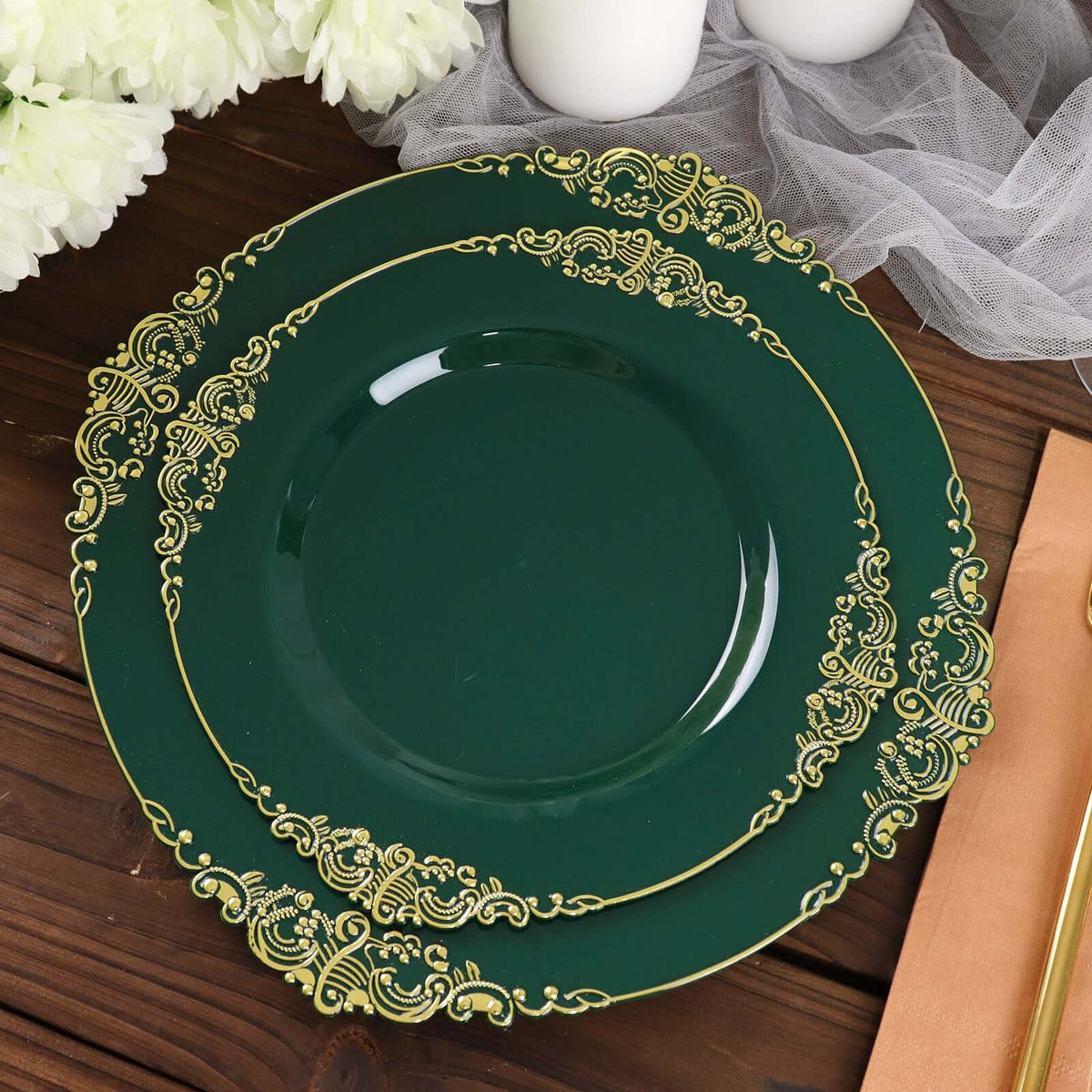 10-Pack Plastic 8" Round Dessert Plates in Hunter Emerald Green with Gold Leaf Embossed Rim - Disposable Vintage Baroque Style Salad Plates
