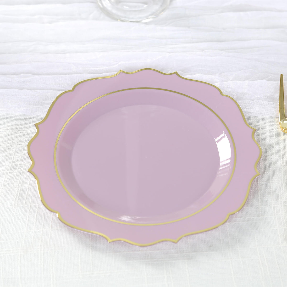 10-Pack Plastic 8" Round Dessert Plates in Lavender Lilac with Gold Scalloped Rim - Disposable Appetizer/Salad Plates
