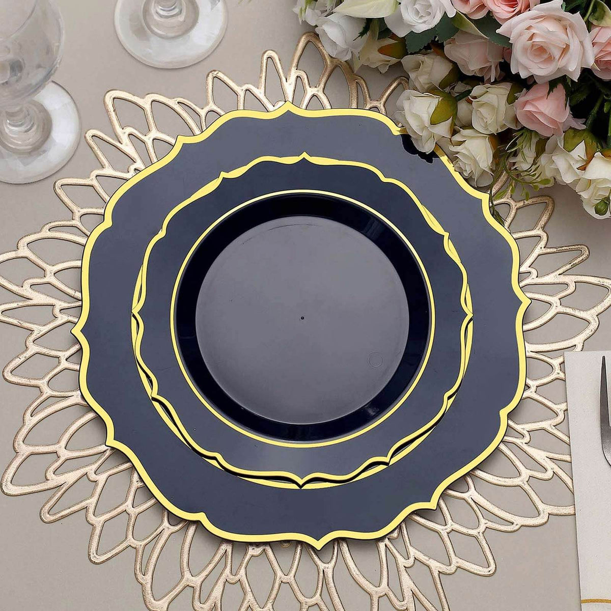 10-Pack Plastic 8" Round Dessert Plates in Navy Blue with Gold Scalloped Rim - Disposable Appetizer/Salad Plates