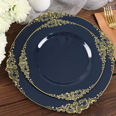 10-Pack Plastic 8" Round Dessert Plates in Navy Blue with Gold Leaf Embossed Rim - Disposable Vintage Baroque Style Salad Plates