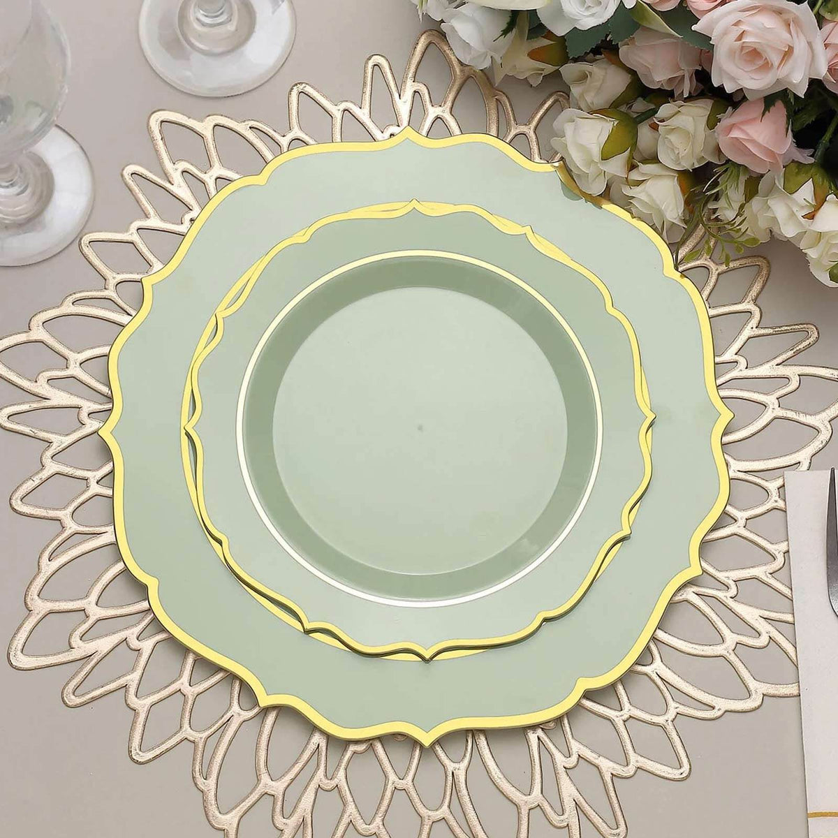 10-Pack Plastic 8" Round Dessert Plates in Sage Green with Gold Scalloped Rim - Disposable Appetizer/Salad Plates