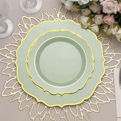 10-Pack Plastic 8" Round Dessert Plates in Sage Green with Gold Scalloped Rim - Disposable Appetizer/Salad Plates
