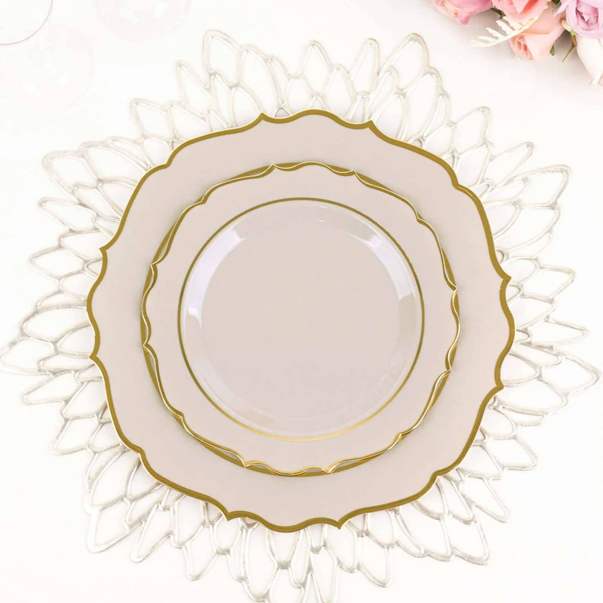 10-Pack Plastic 8" Round Dessert Plates in Taupe with Gold Scalloped Rim - Disposable Appetizer/Salad Plates