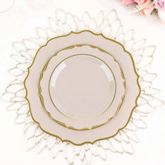10-Pack Plastic 8" Round Dessert Plates in Taupe with Gold Scalloped Rim - Disposable Appetizer/Salad Plates